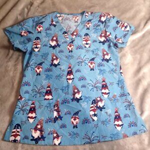 Patriotic Gnome Scrub Shirt Women M Blue V Neck Pockets Medical Zinnia